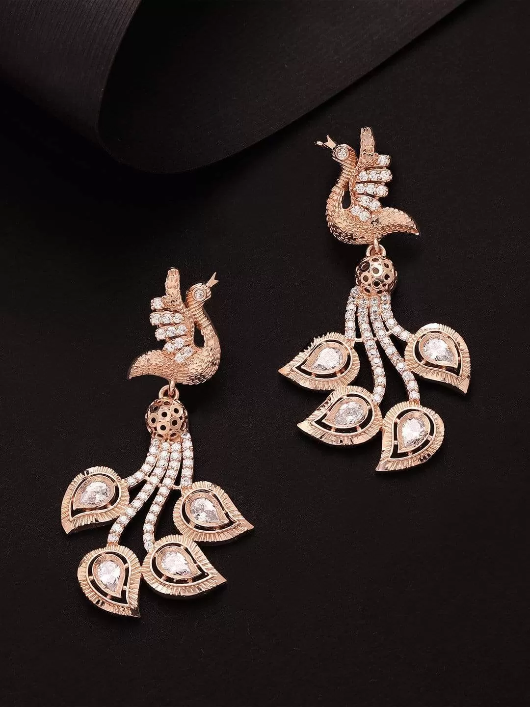 Rubans Zircon Studded Handcrafted Rose Gold Plated Bird Drop Earrings