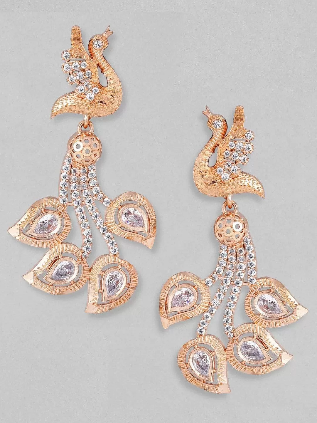 Rubans Zircon Studded Handcrafted Rose Gold Plated Bird Drop Earrings