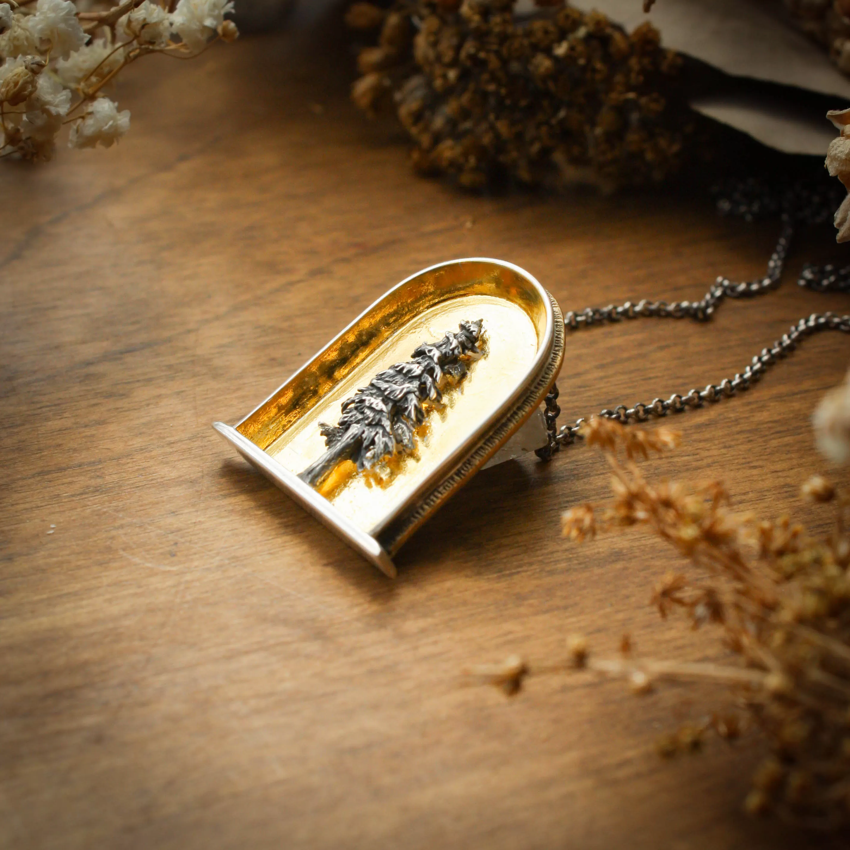 Sacred Pine Sterling Silver, 24k Gold and Brass Shrine Pendant