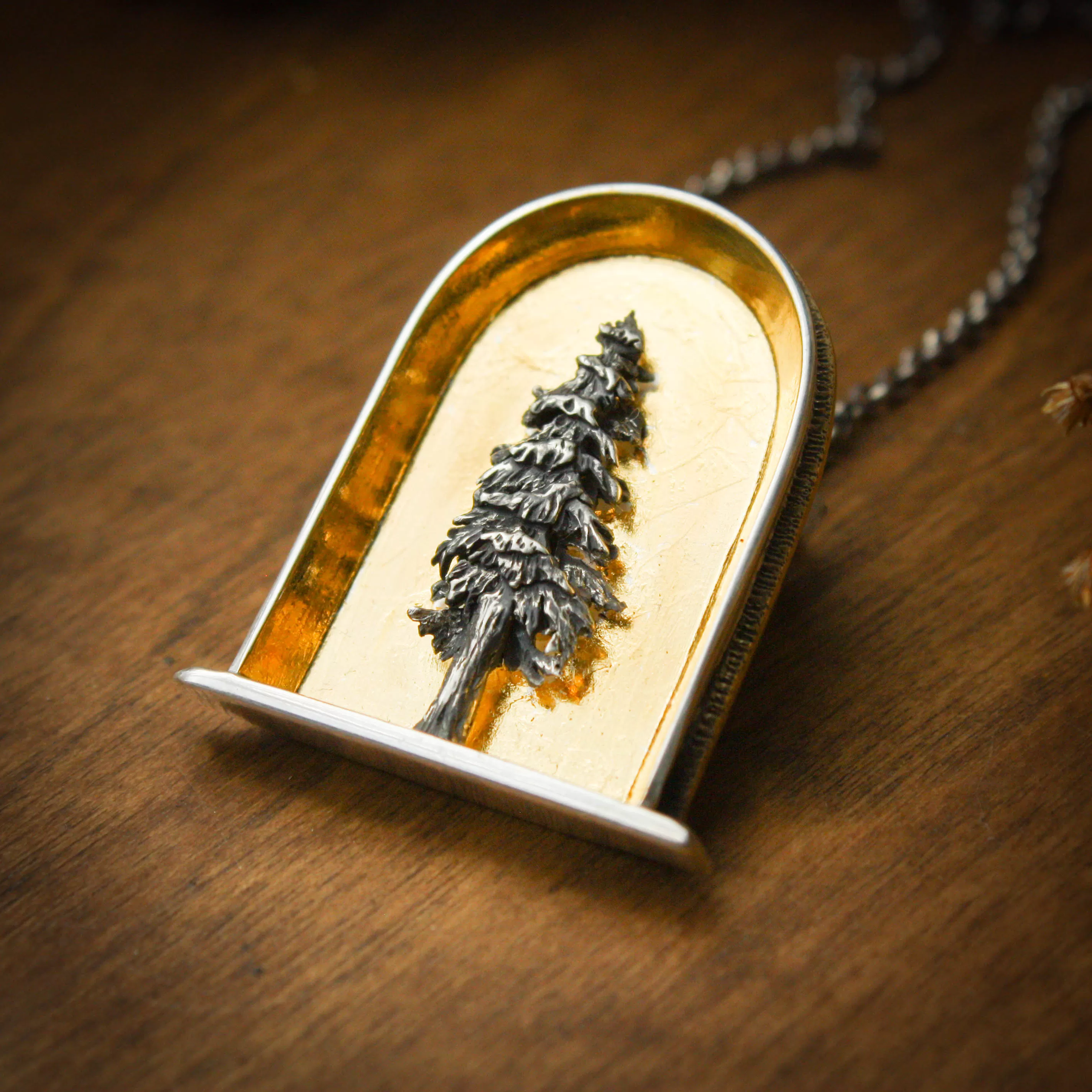 Sacred Pine Sterling Silver, 24k Gold and Brass Shrine Pendant