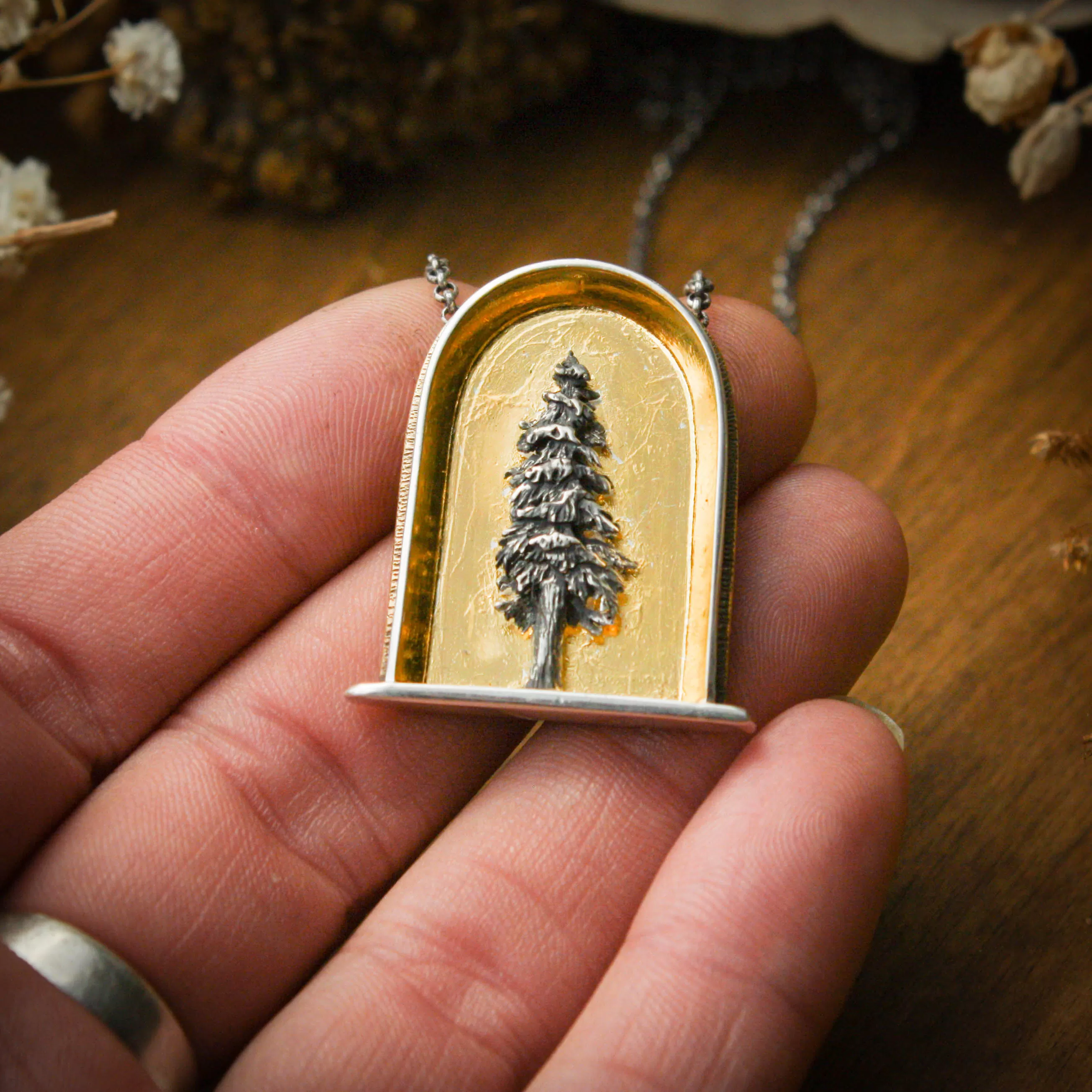 Sacred Pine Sterling Silver, 24k Gold and Brass Shrine Pendant