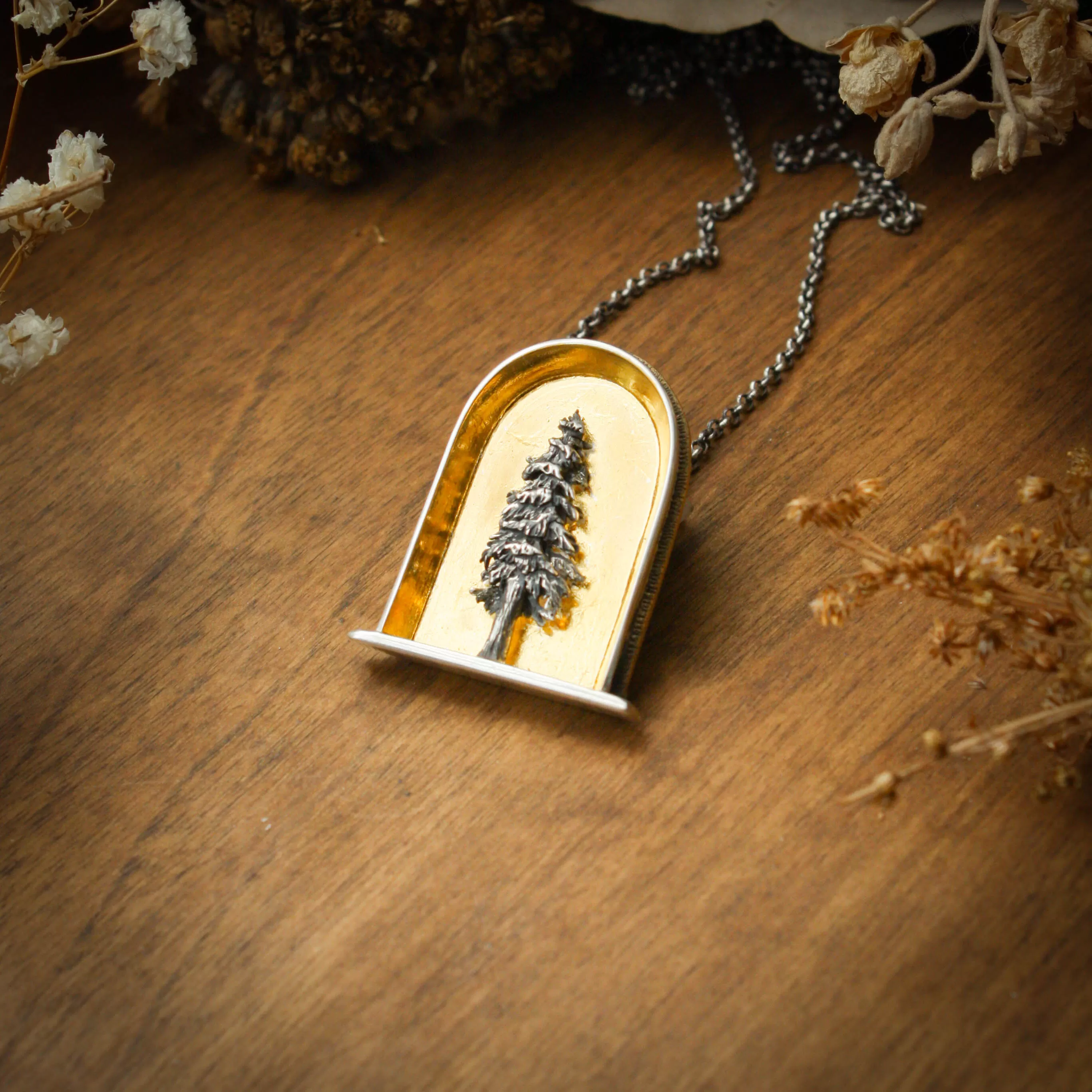 Sacred Pine Sterling Silver, 24k Gold and Brass Shrine Pendant