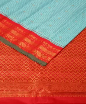 Sky blue red handwoven gadwal silk saree