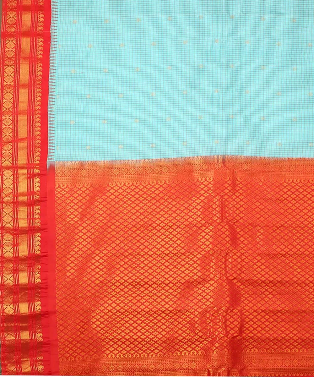 Sky blue red handwoven gadwal silk saree