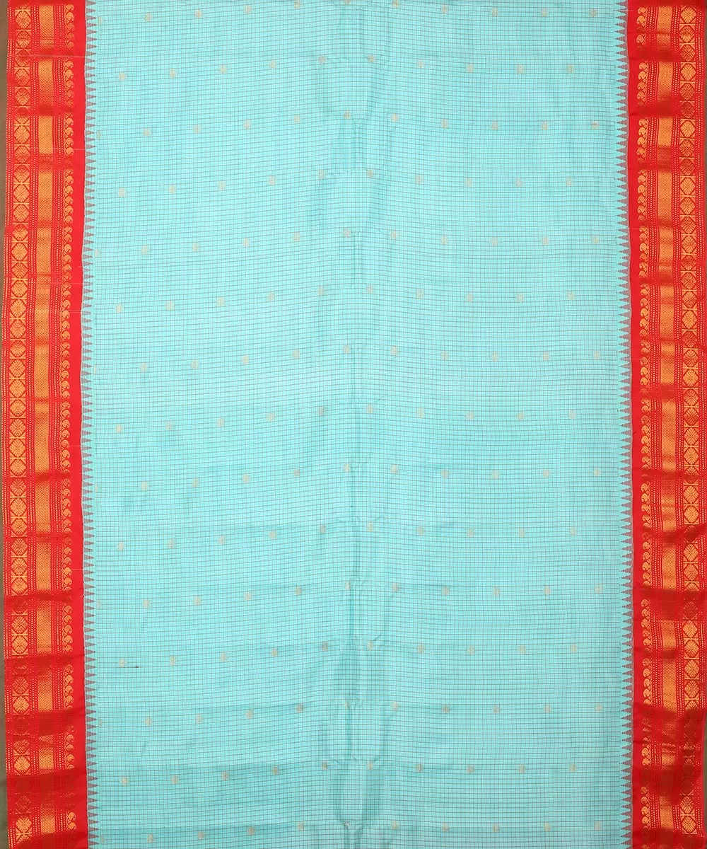 Sky blue red handwoven gadwal silk saree