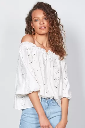 Skye Off Shoulder Crop Sleeve White Emb Anglais Top