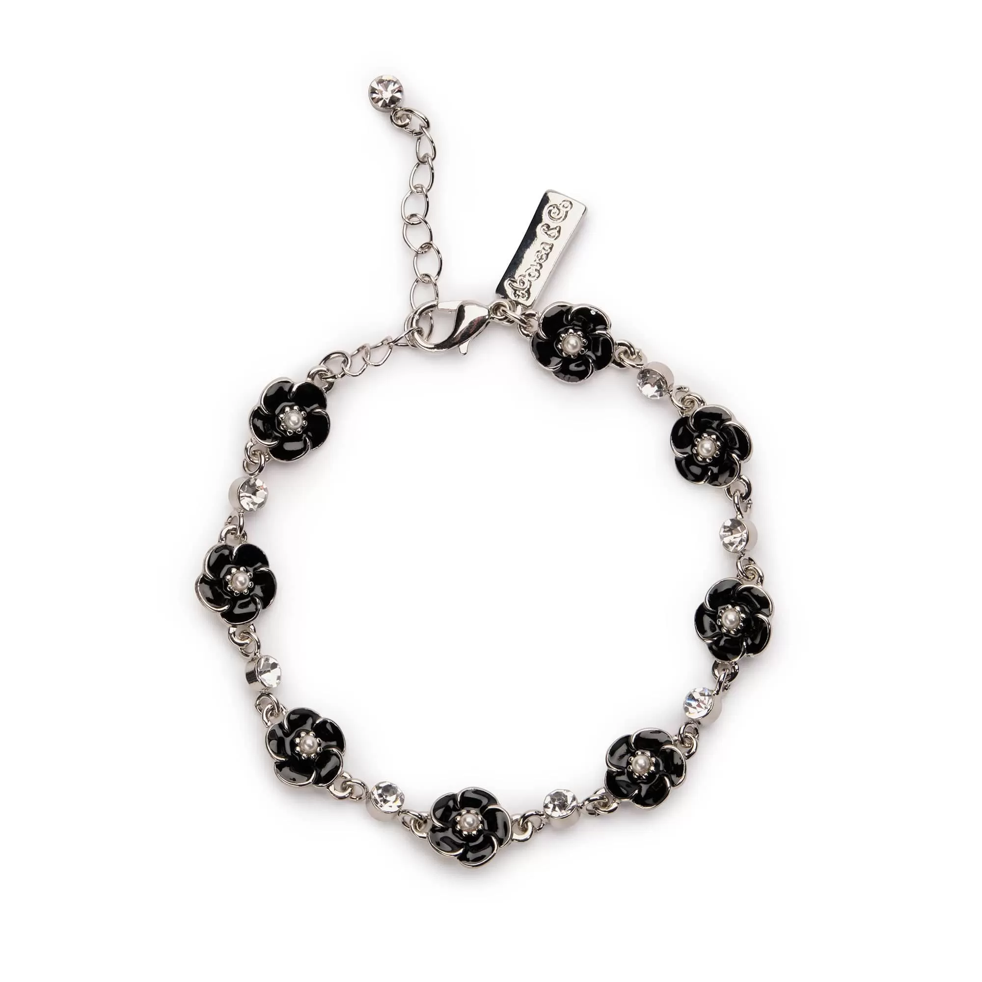 Small Rose 1 Row Bracelet in Black Enamel