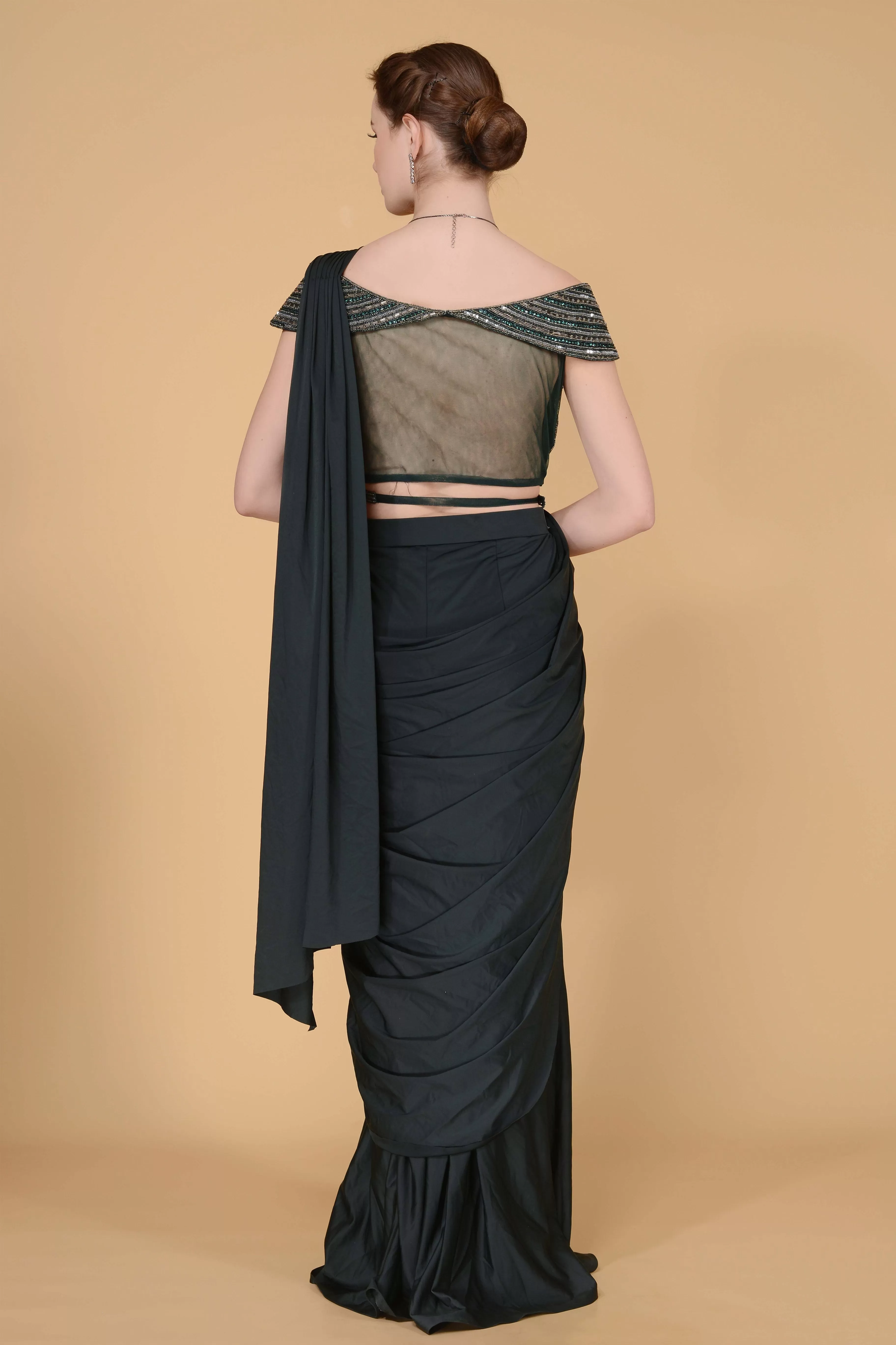 Solid Dark Green Drape Saree