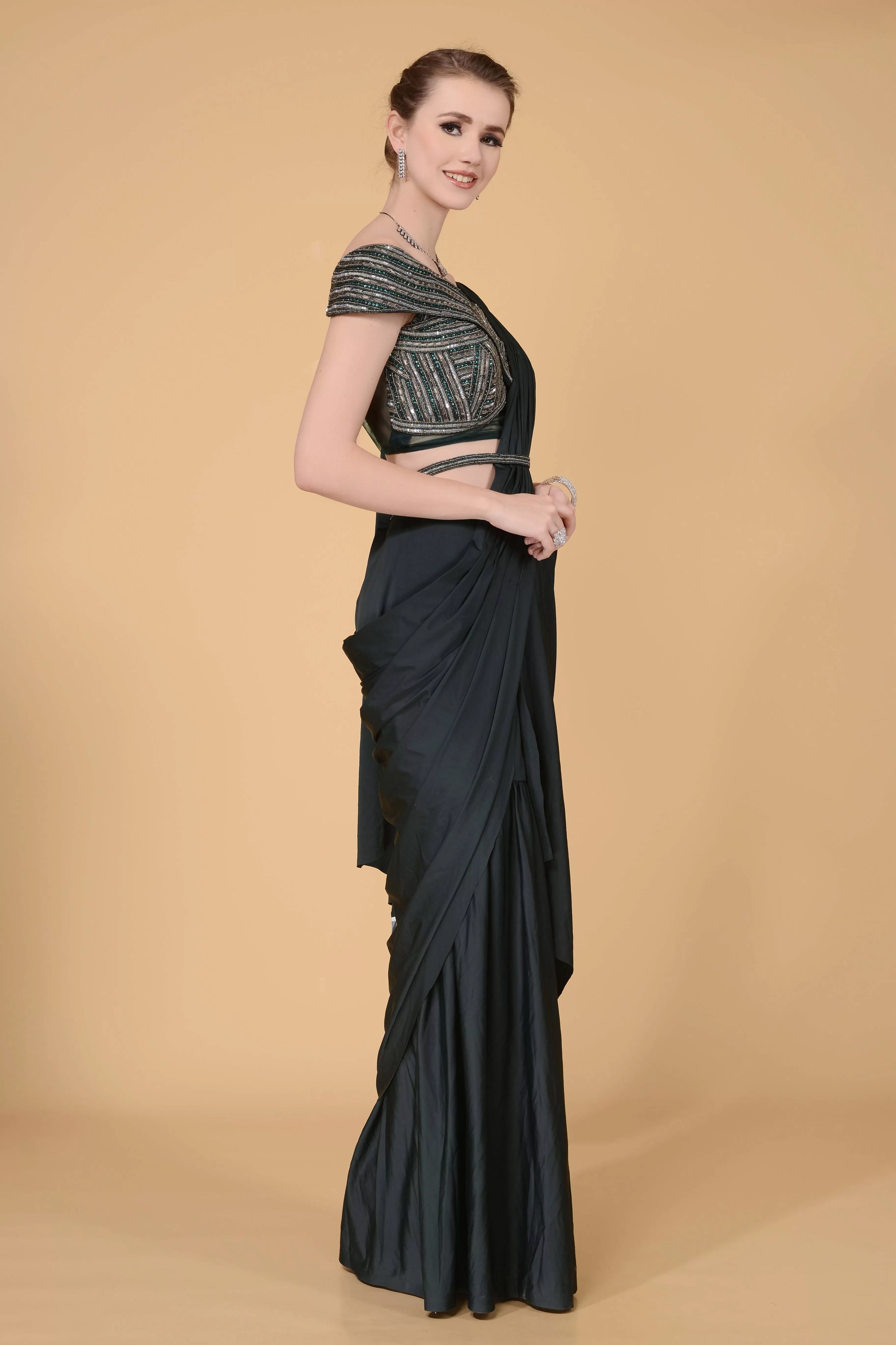 Solid Dark Green Drape Saree