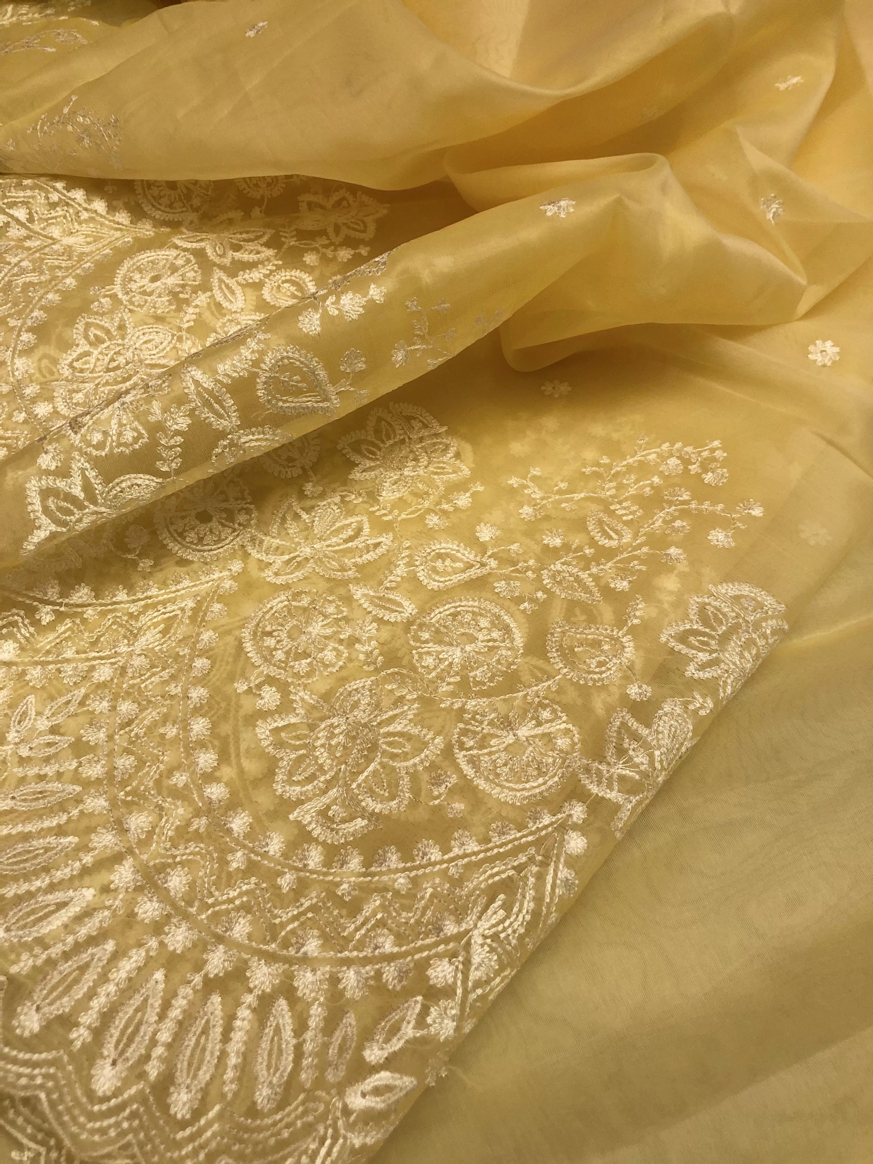 Toffee Yellow Color Designer Organza Saree with Chikankari and Scallops Border