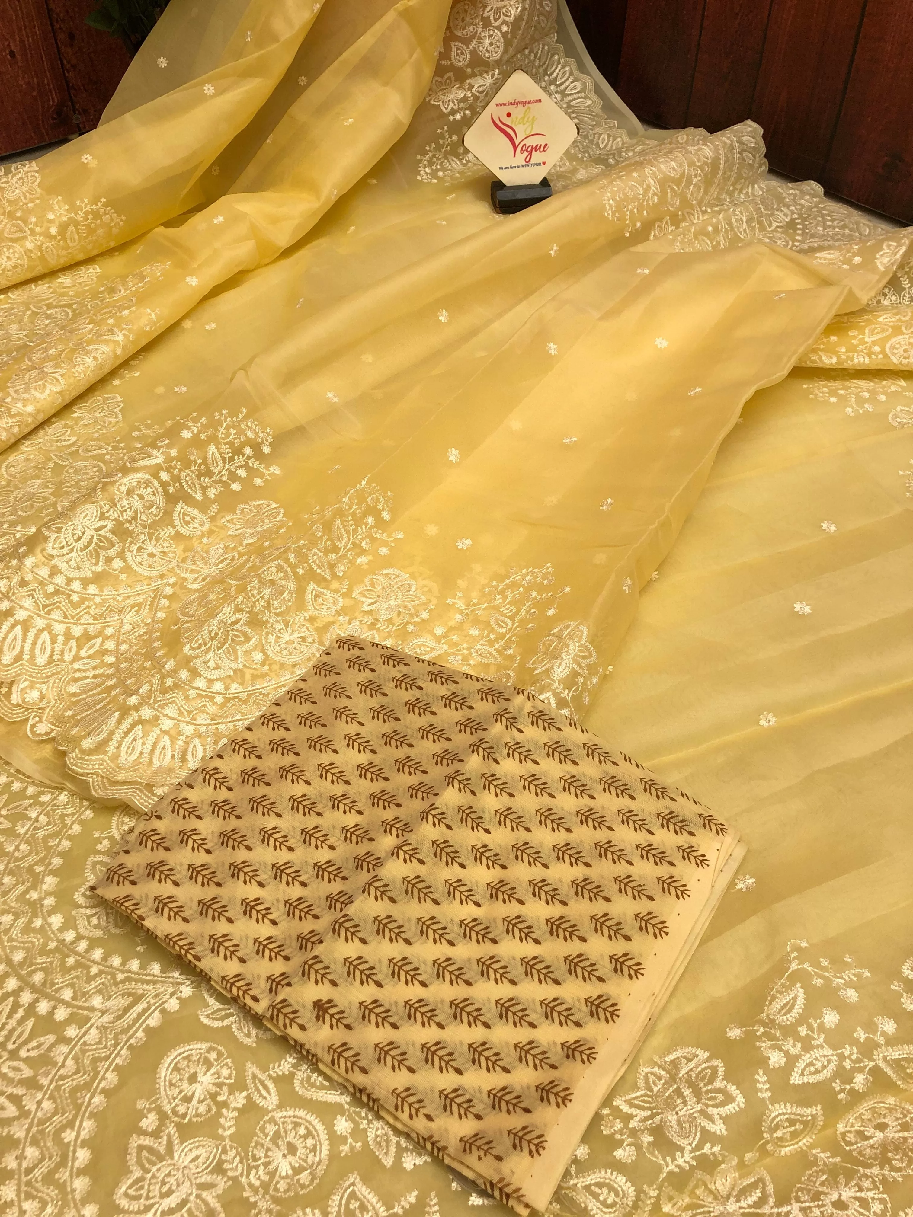 Toffee Yellow Color Designer Organza Saree with Chikankari and Scallops Border