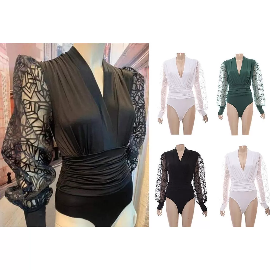 V-Neck Mesh Long Sleeve Bodysuit