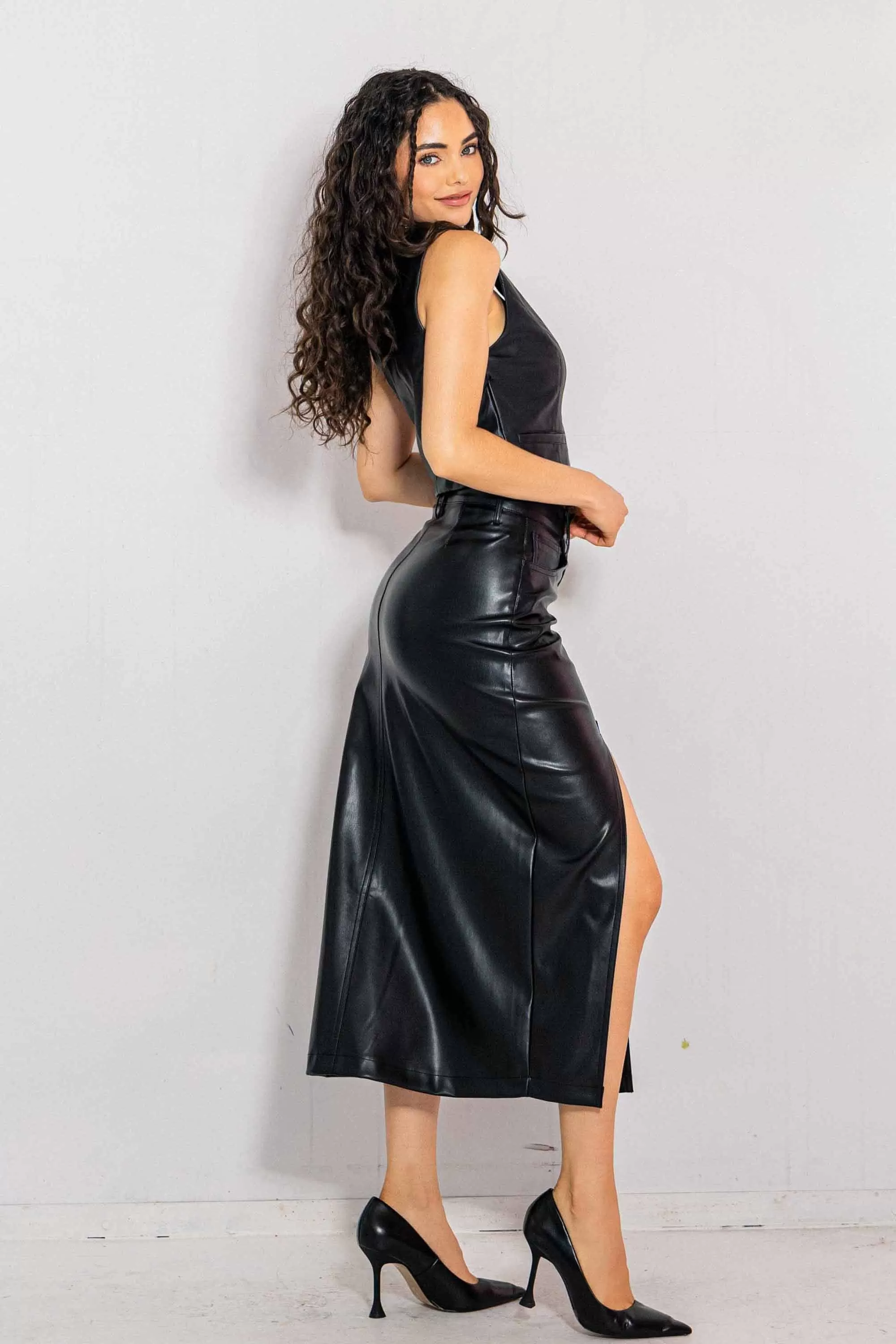 Vegan Leather 5 Pockets Column Skirt