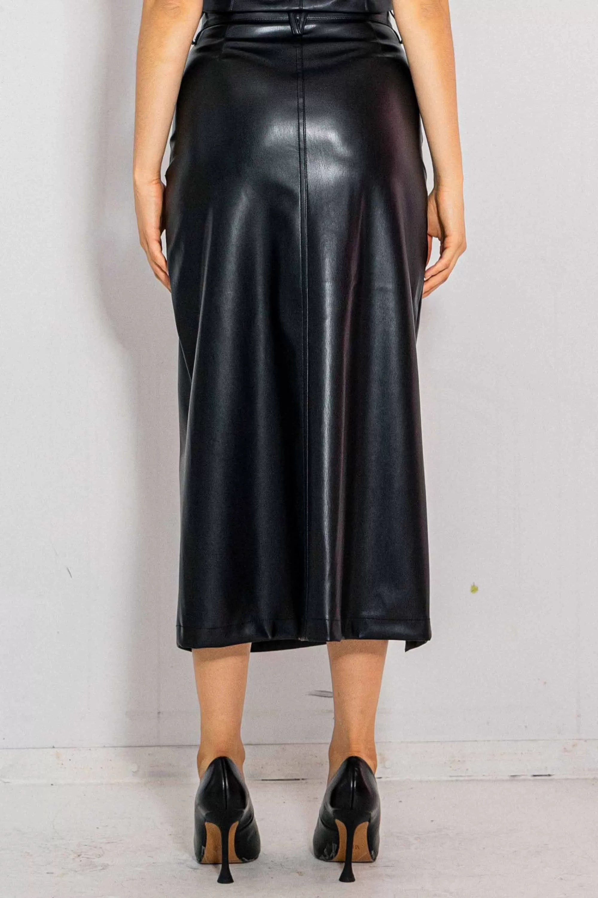 Vegan Leather 5 Pockets Column Skirt