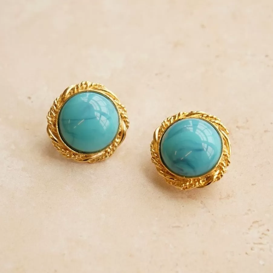 Vintage Domed Turquoise Stone Clip-On Earrings