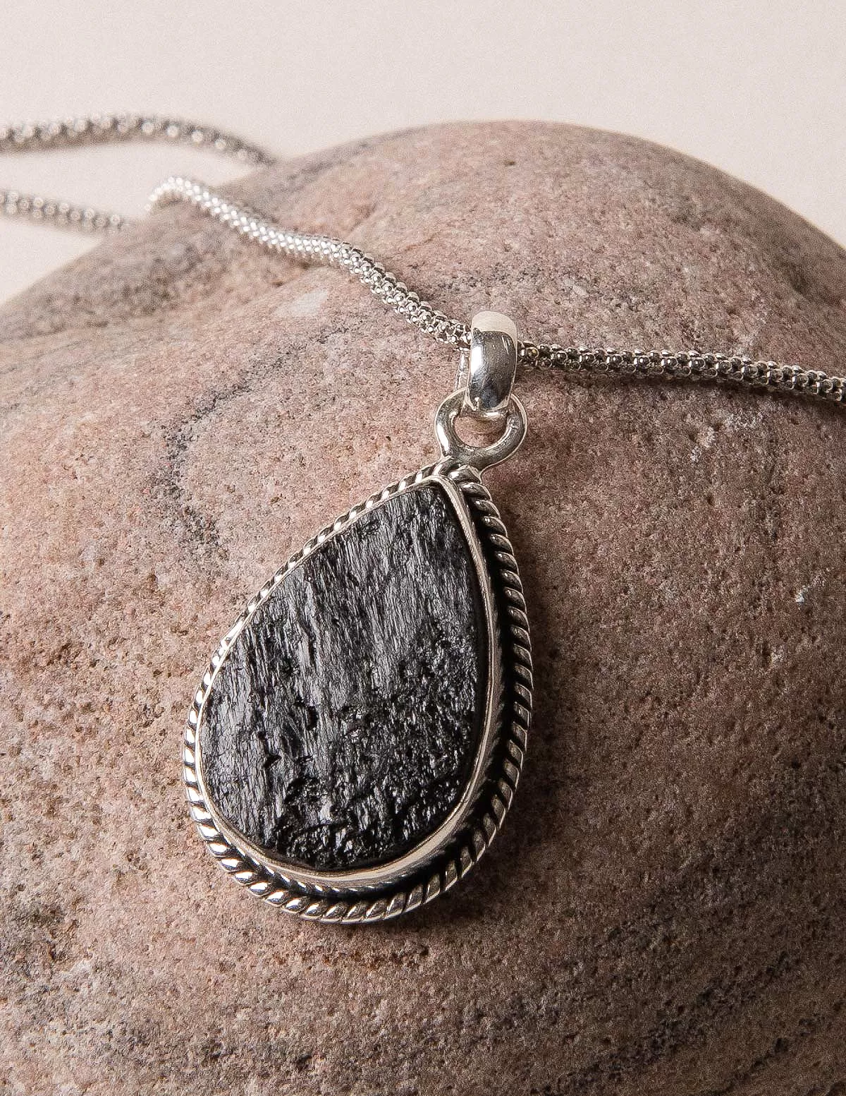 Vintage Raw Black Tourmaline Teardrop Silver Pendant