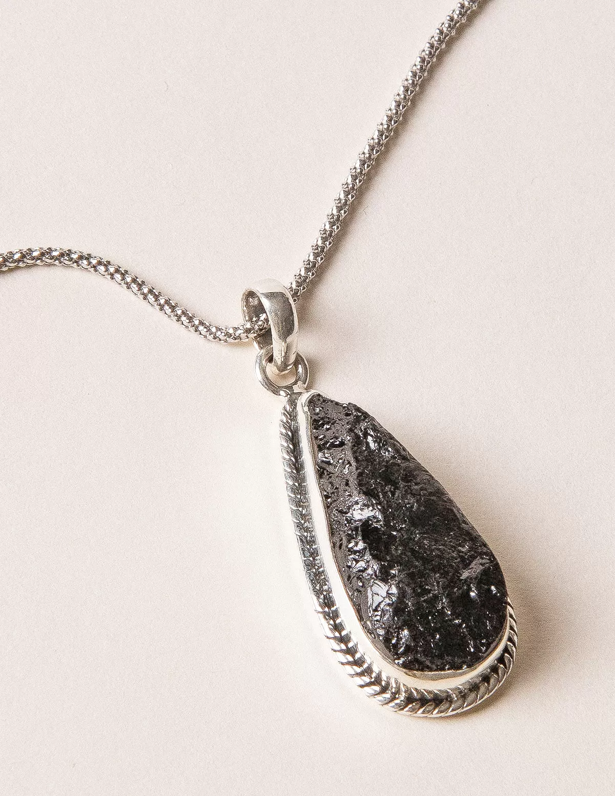 Vintage Raw Black Tourmaline Teardrop Silver Pendant