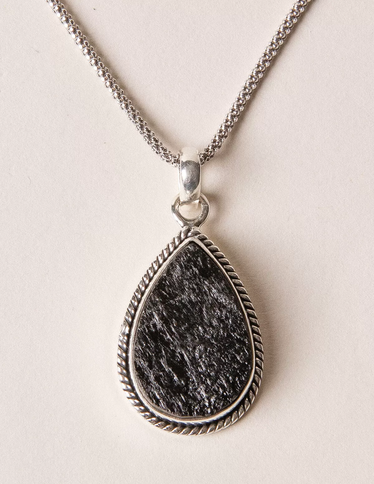 Vintage Raw Black Tourmaline Teardrop Silver Pendant