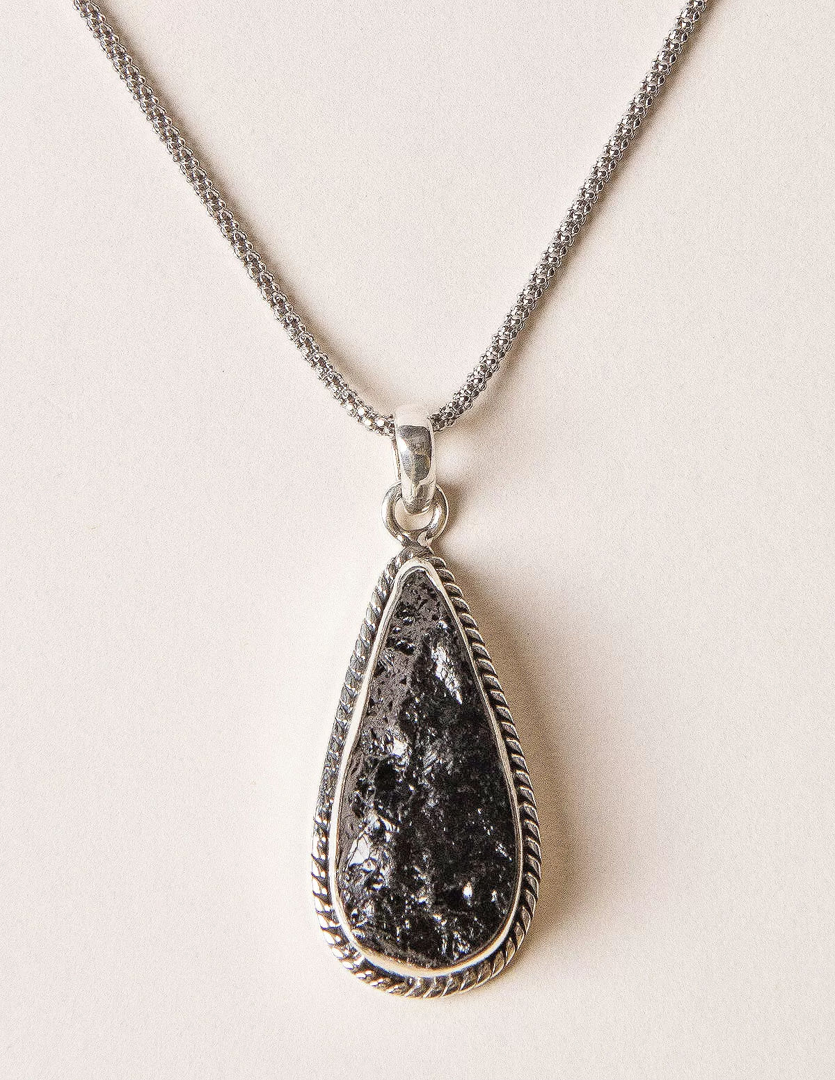 Vintage Raw Black Tourmaline Teardrop Silver Pendant