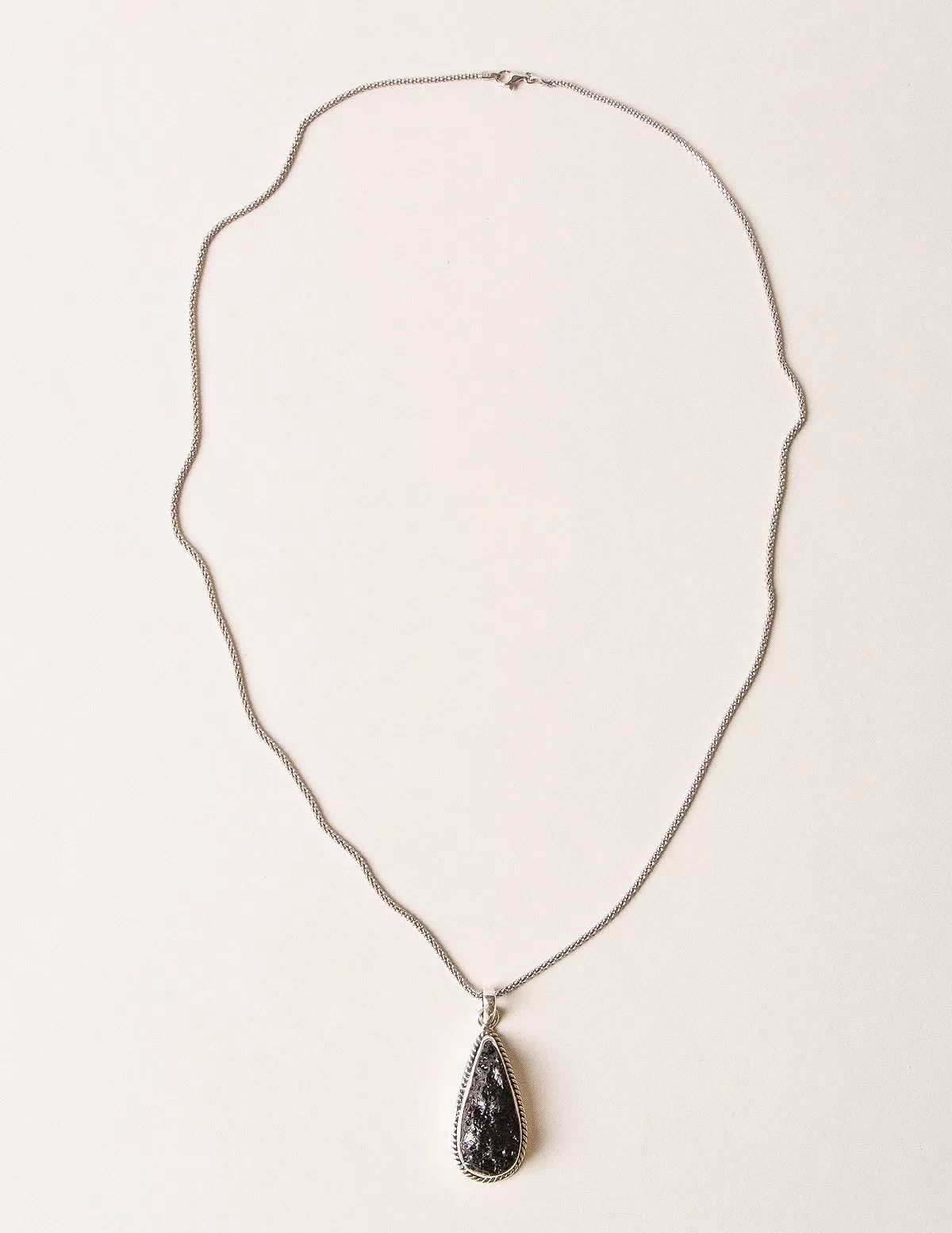 Vintage Raw Black Tourmaline Teardrop Silver Pendant