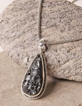 Vintage Raw Black Tourmaline Teardrop Silver Pendant