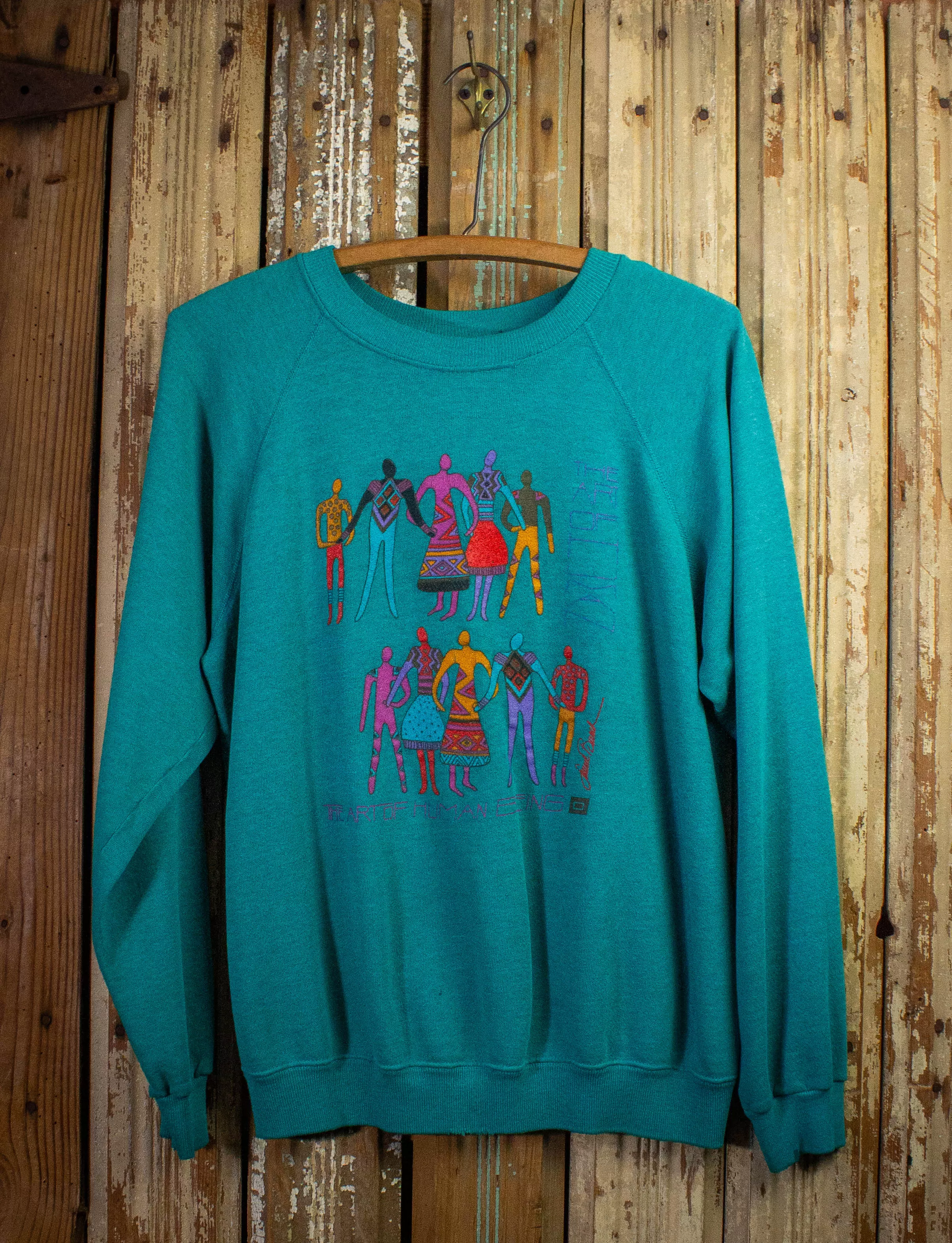 Vintage The Art of Human Beings Graphic Sweatshirt 80s Teal Large