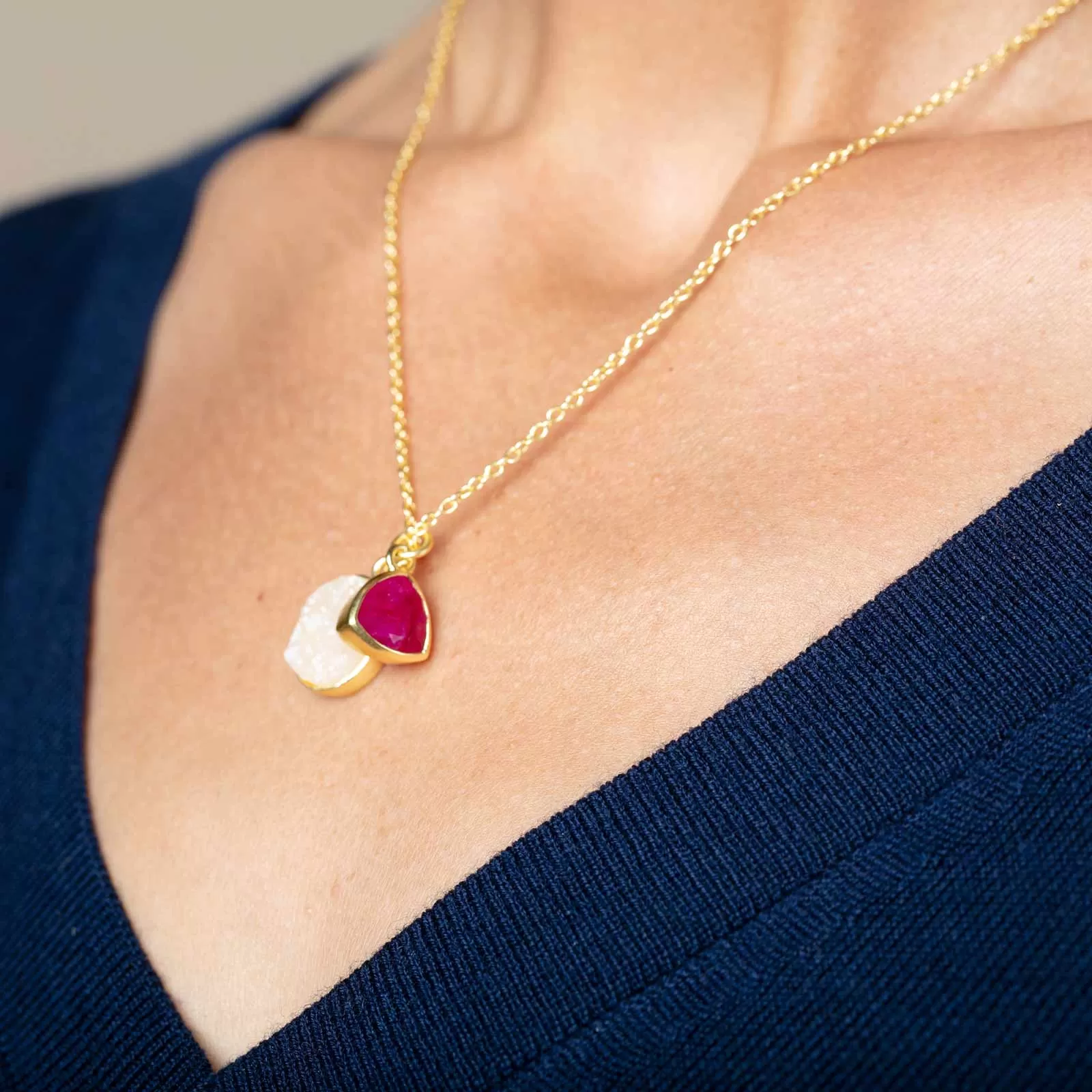 White Druzy & Cherry Ruby Double Pendant Necklace, 18” - Gold Plated