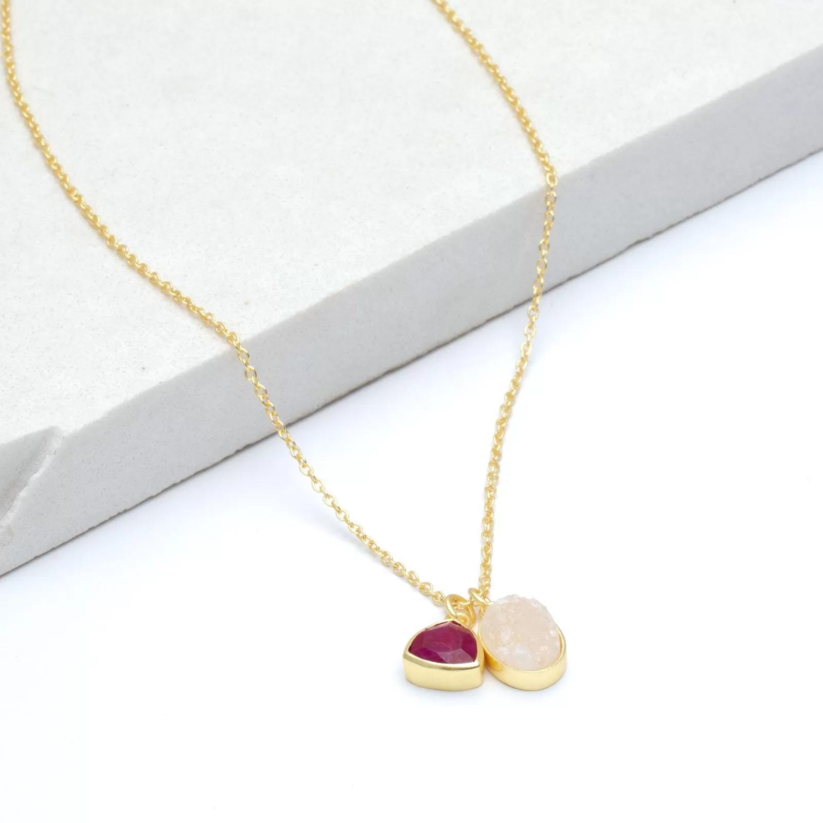 White Druzy & Cherry Ruby Double Pendant Necklace, 18” - Gold Plated