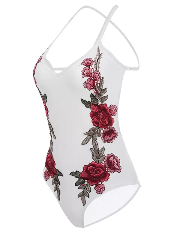 White Embroidered Cross Back Bodysuit