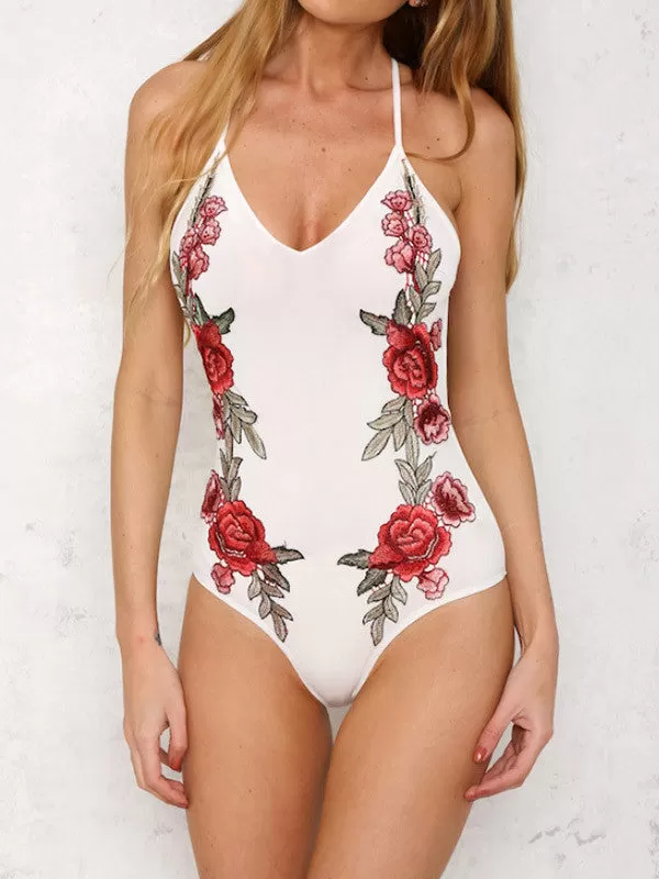 White Embroidered Cross Back Bodysuit