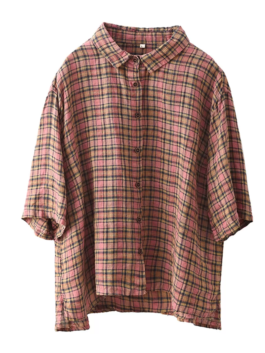 Women Artsy Plaid Summer Button-up Linen Shirt KL1012