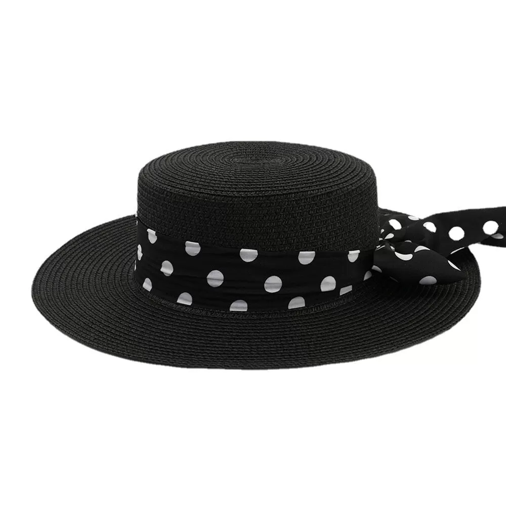 Women Sunscreen Vacation Summer Sun Hat Elegant Stylish Straw Hat With Polka Dot Ribbon