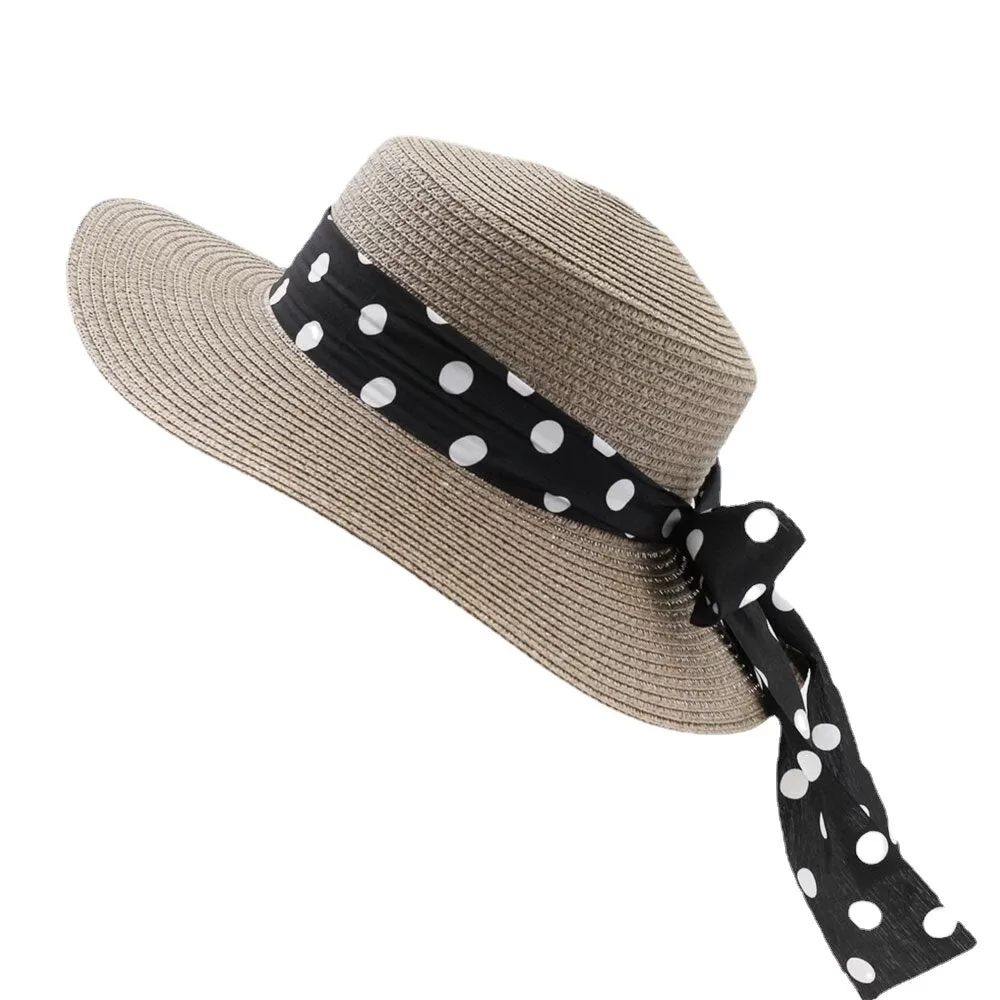 Women Sunscreen Vacation Summer Sun Hat Elegant Stylish Straw Hat With Polka Dot Ribbon