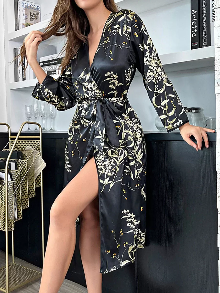 Women's Elegant Cherry Blossom Satin Silk Pajama Set with Bathrobe - Luxurious and Stylish Sleepwear